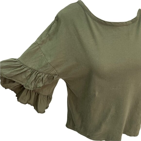saks Fifth Avenue Army Green Ruffle Sleeve T-shirt Top Size XS - Picture 5 of 11
